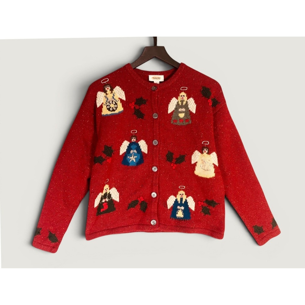 Talbots Vintage Christmas Angel Red Lambswool Cardigan Sweater Womens Small